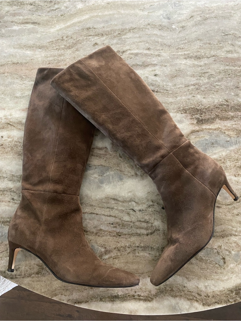 Nine West Brown Genuine Suede Knee-High Pointed-Toe Kitten Heel Boots